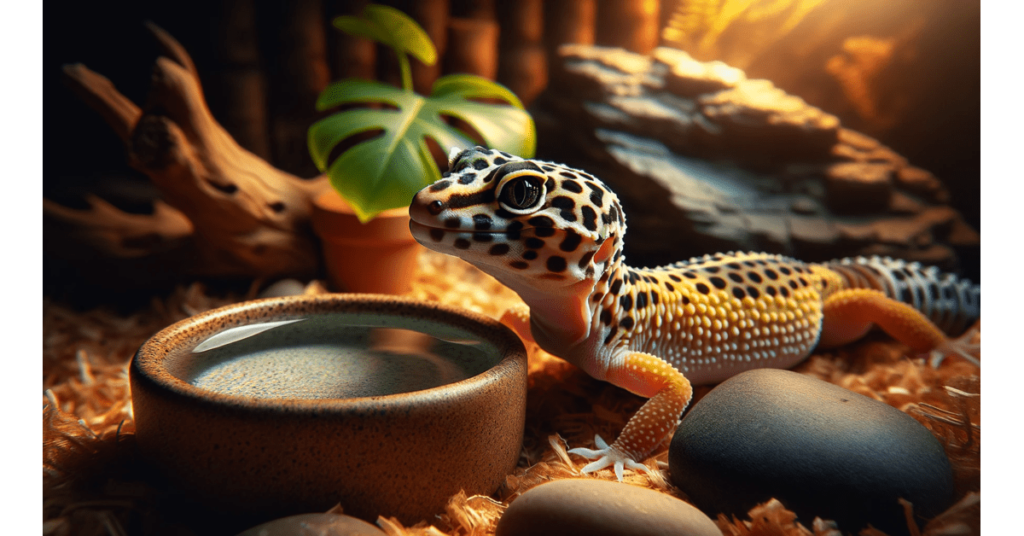 a leopard gecko standing next to a water bowl