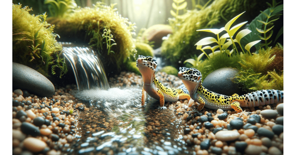 two leopard geckos standing in a stream