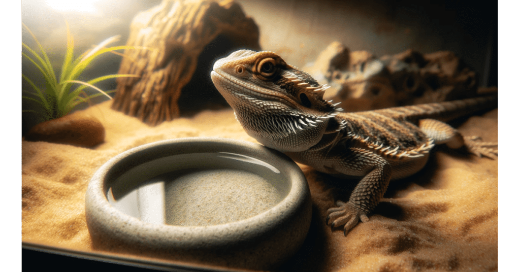 a bearded dragon next to its bowl in its tank