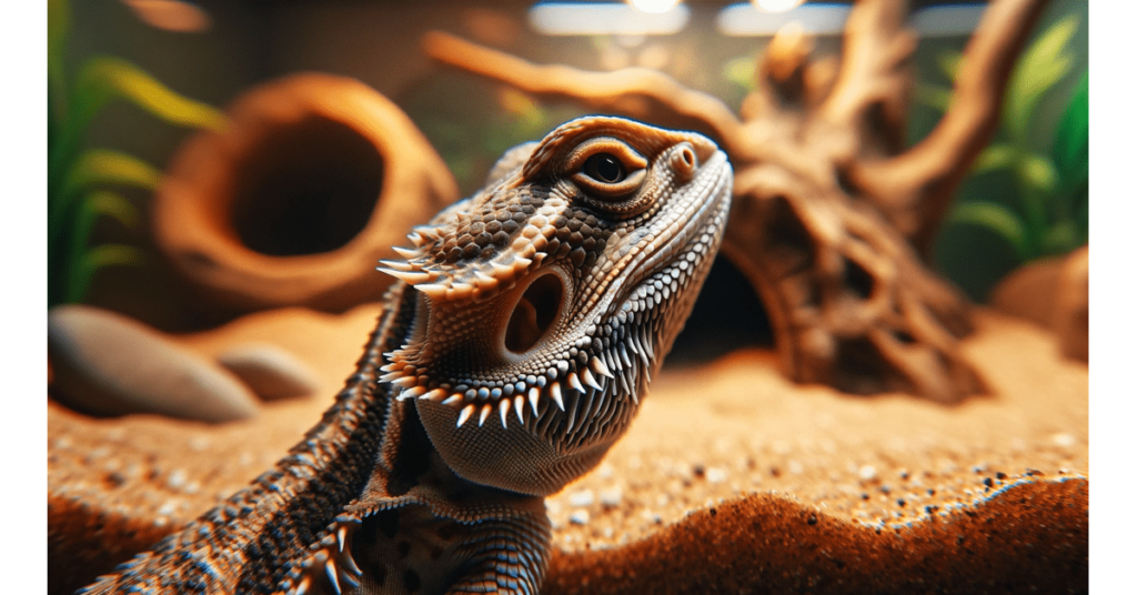a close up of a bearded dragons ear in a tank