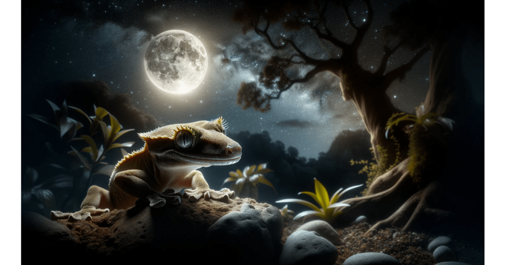 a crested gecko walking at night with the moon in the background