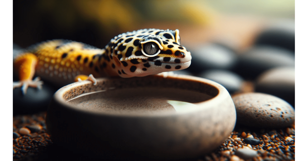 a leopard gecko next to its bowl