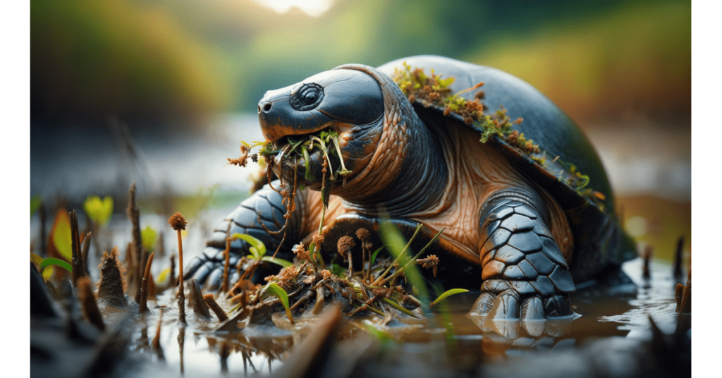 a mud turtle eating in water
