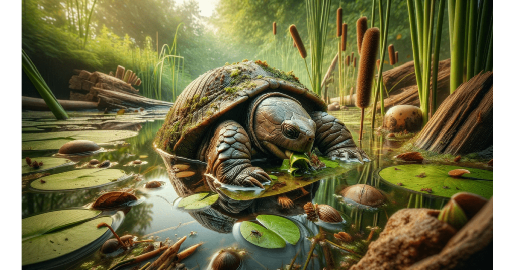 a mud turtle in a pond eating