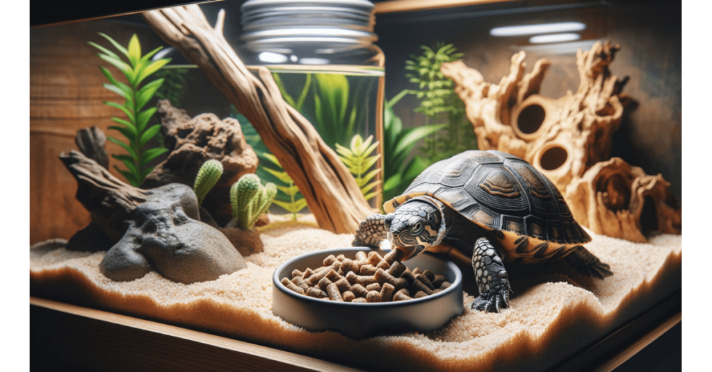 a pet turtle eating pellets in its enclosure