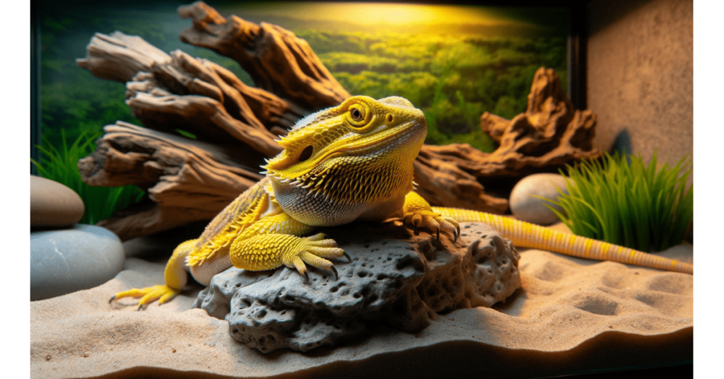 a yellow bearded dragon sitting on a rock