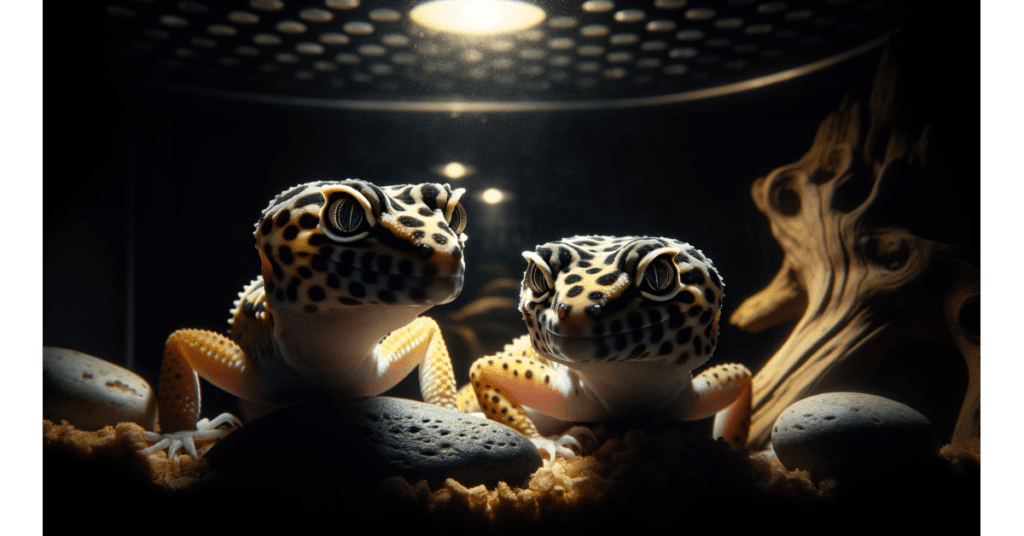 two leopard geckos in the dark in their enclosure